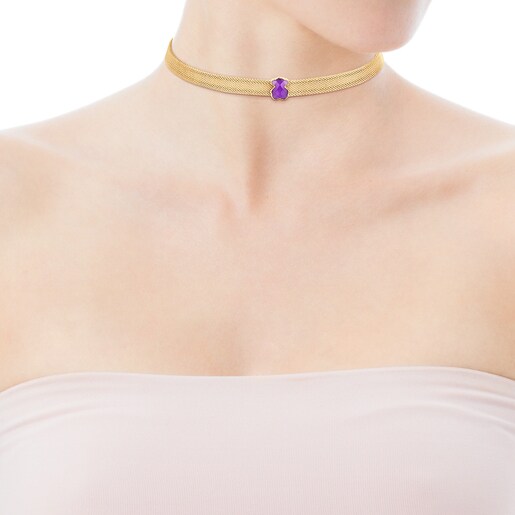 Gold-colored IP Steel Mesh Color Necklace with Amethyst