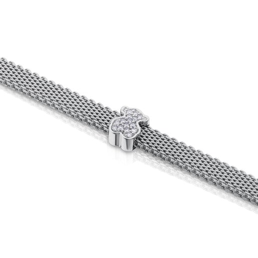Steel and White Gold TOUS Icon Mesh Bracelet with Diamonds Bera motif 0,6cm.