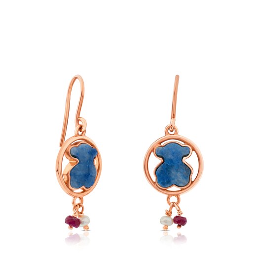 Rose Vermeil Silver Camille Earrings with Quartz with Dumortierite, Ruby, and Pearl