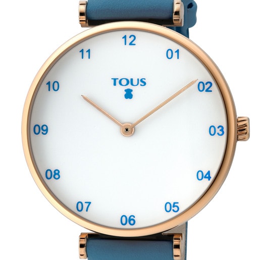 Uhr Camille aus rosa IP Stahl mit blauem Lederarmband