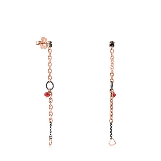 Long Dark Silver and Rose Silver Vermeil TOUS Motif Earrings with Spinels and Rubies 7,5cm.