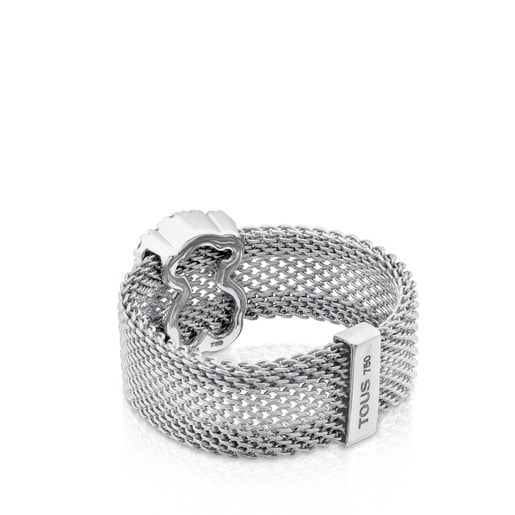 Steel and White gold TOUS Icon Mesh Ring with Diamonds Bear motif