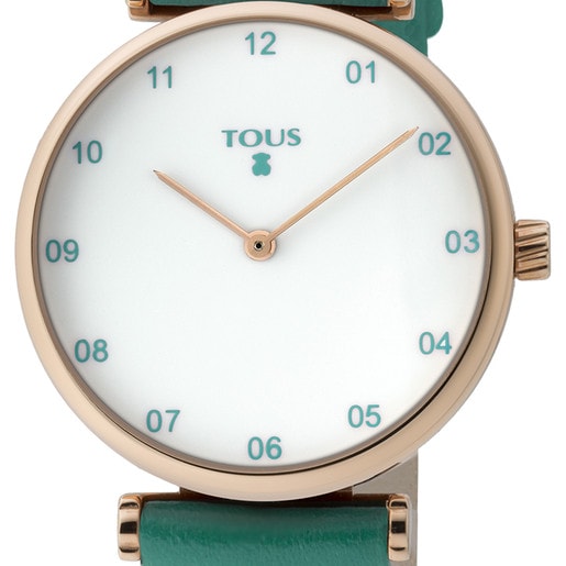 Zegarek z kolekcji Camille wykonany z różowej powlekanej stali ze skórzanym zielonym paskiem