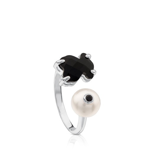 Erma -  Otevřený prsten Tous ze stříbra s onyksem, perlou a spinelem