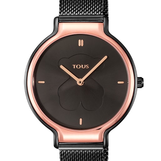 Two-tone Rose IP/Black IP Steel Real Bear Watch with Mesh strap