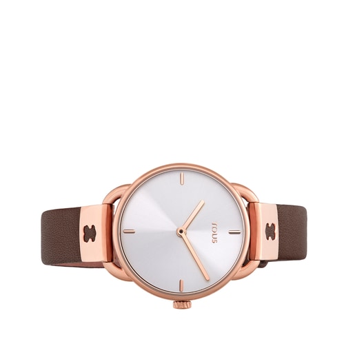 Reloj analógico Let Leather de acero IP rosado con correa de piel marrón