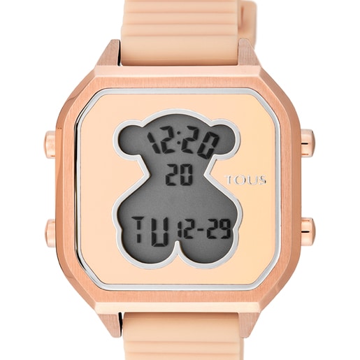 Reloj digital D-Bear Teen de acero IP rosado con correa de silicona nude