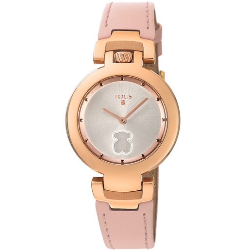 Rose IP Steel Crown Watch with nude Leather strap