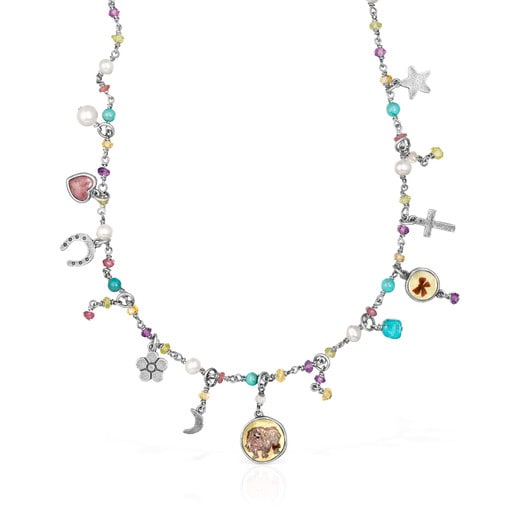 Halskette La XIII aus Altsilber mit Perlmutt, Perlen und Edelsteinen