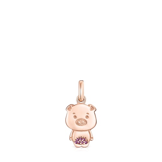 Chinese Horoscope Pig Pendant in Rose Silver Vermeil with Ruby