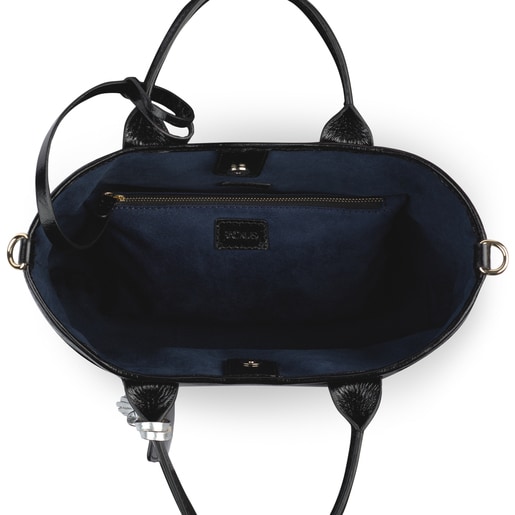 Small black leather Francine Crack tote bag TOUS