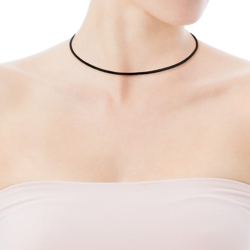 Black Leather TOUS Chokers Choker with Rose Silver Vermeil Clasp