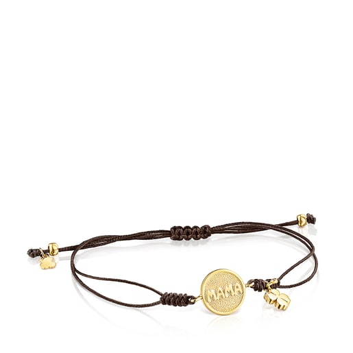 Gold TOUS Good Vibes Mama Bracelet with Diamonds and brown Cord