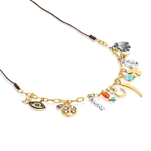 Collar TOUS Good Vibes con ba o de oro 18 kt sobre plata gemas y cord n marr n