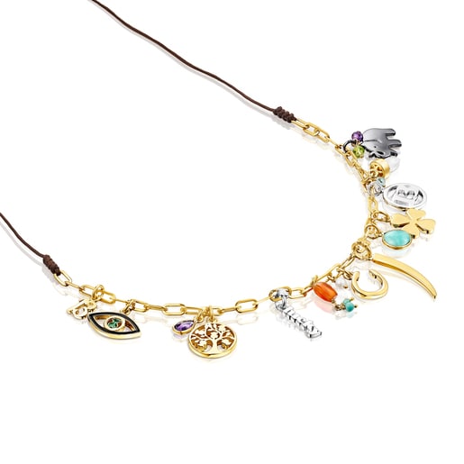 Silver Vermeil TOUS Good Vibes Necklace with Gemstones and brown Cord | TOUS