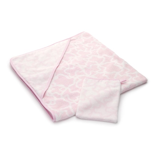 Kaos bath sheet and mittens in pink
