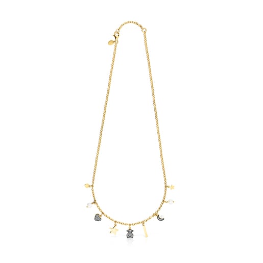 Collar Nocturne motivos con baño de oro 18 kt sobre plata, Diamantes y Perlas