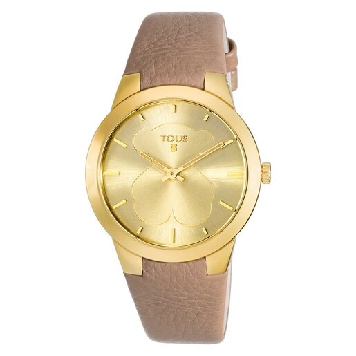 Gold IP Steel B-Face Watch with make-up Leather strap