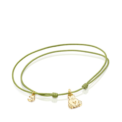 Pulsera oso con baño de oro 18 kt sobre plata y cordón verde Save