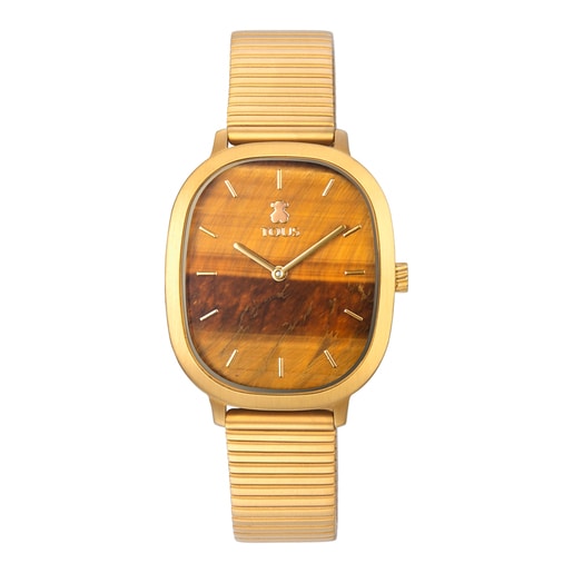 Reloj analógico Heritage Gems de acero IP dorado con esfera de Ojo de tigre