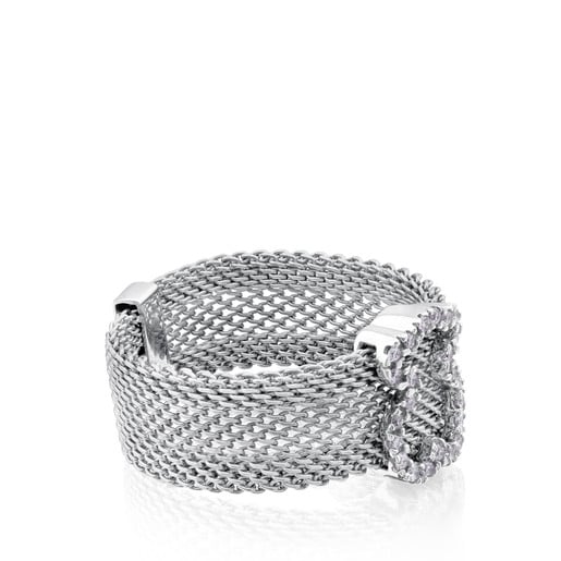 Steel and White gold Icon Mesh Ring with Diamonds