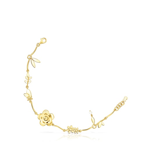 Pulsera Fragile Nature flores con baño de oro 18 kt sobre plata y perla