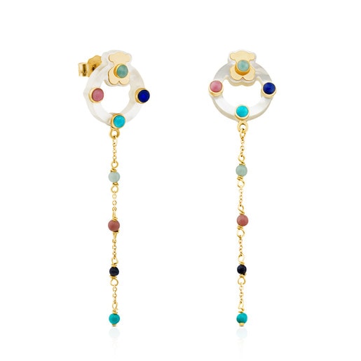 Long Gold Super Power Earrings with Mother-of-pearl and Gemstones