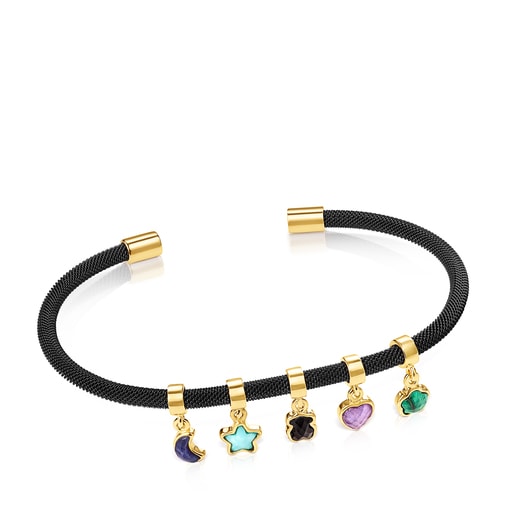 Pulsera Glorcon baño de oro 18 kt sobre plata, Acero IP negro y gemas