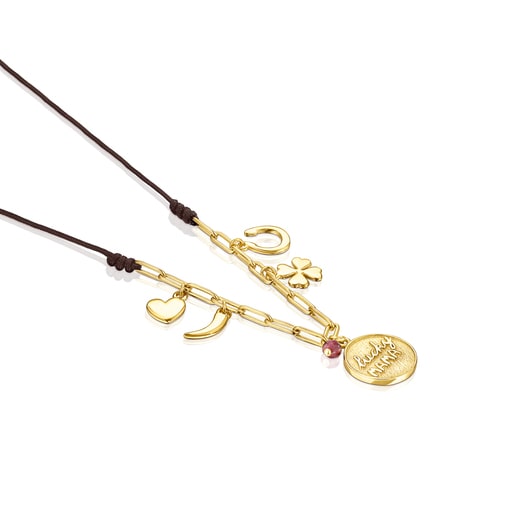 Колье TOUS Good Vibes Mama из вермеля с рубином на коричневом шнурке