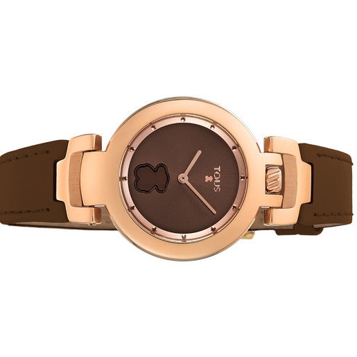 Rose IP Steel Crown Watch with brown Leather strap