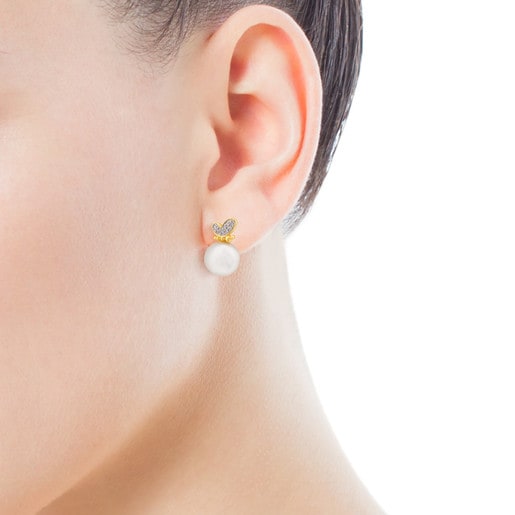 TOUS Bera Earrings in Gold with Pearl and Diamonds.