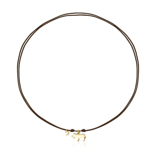Silver Vermeil Save rhinoceros Necklace with brown Cord