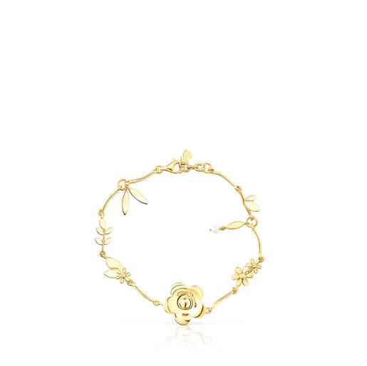 Pulsera flores con baño de oro 18 kt sobre plata y perla Fragile Nature