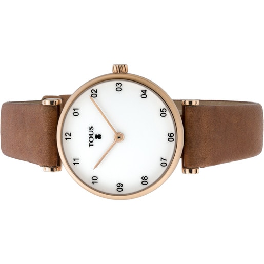 Pink IP Steel Camille Watch with brown Leather strap