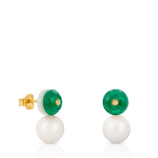 Gold Bright Earrings with Diamond, Quartz, Pearl and Mother of Pearl