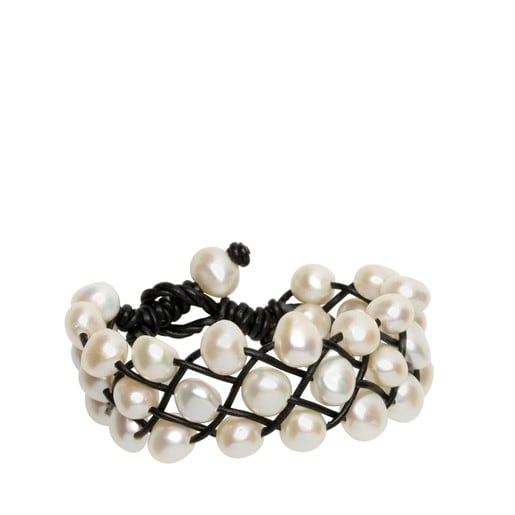 Silver TOUS Pearl Bracelet with Pearl and Leather