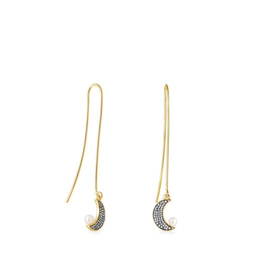 Aretes largos Nocturne luna con baño de oro 18 kt sobre plata, Diamantes y Perla