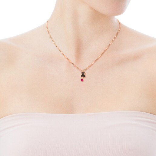 Collar de plata vermeil rosa, espinela y rubí tratado motivo oso Motif