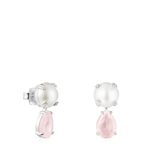 Falla short Earrings in Silver with Rose Quartz and Pearl