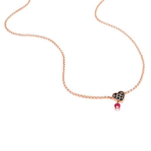 Rose Vermeil Silver TOUS Motif Necklace with Spinels and Ruby heart motif