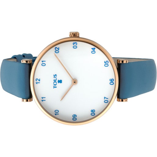 Uhr Camille aus rosa IP Stahl mit blauem Lederarmband
