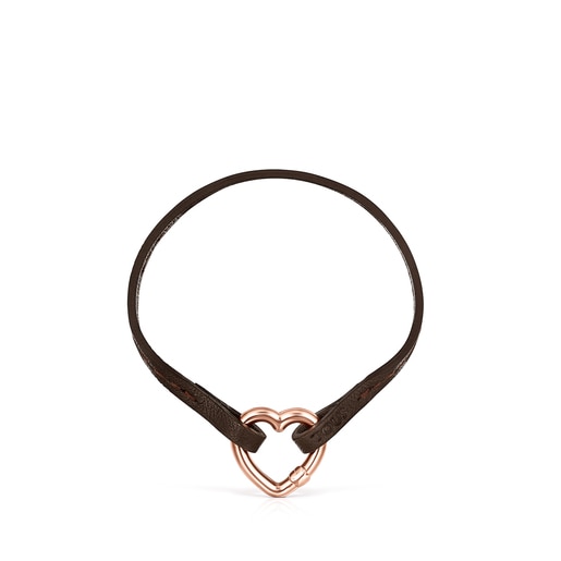 Hold heart Bracelet in Rose Vermeil and brown Leather
