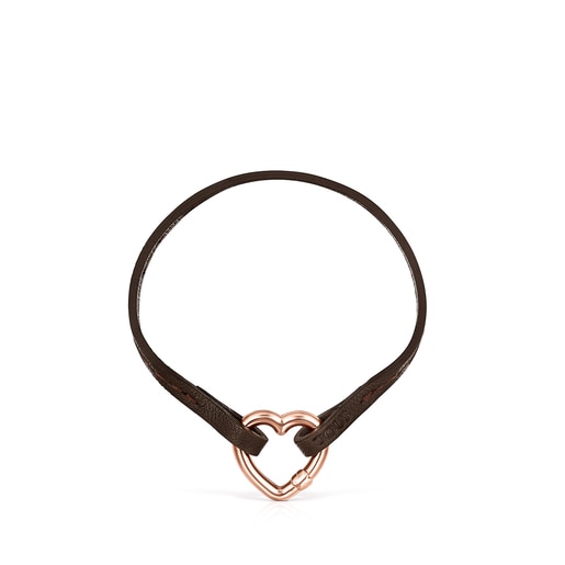 Herz-Armband Hold aus Vermeil-Roségold und braunem Leder