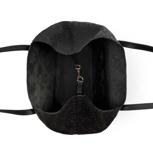 ブラックの革製中型トートバッグ Mossaic 