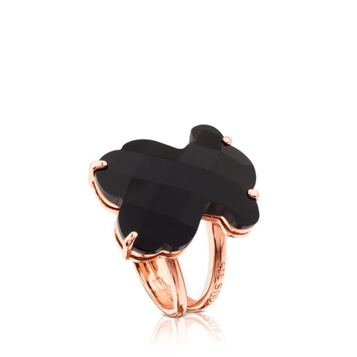 Rose Vermeil Silver TOUS Erma Ring with 1,2cm. Onyx Bear motif