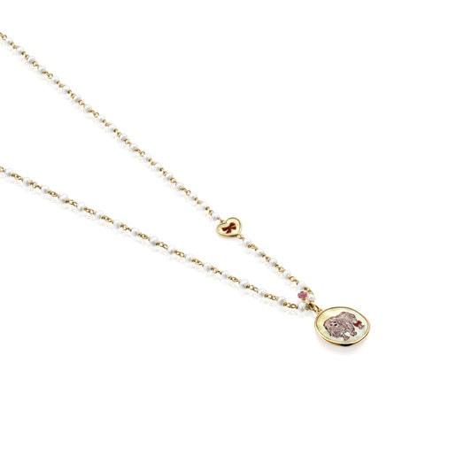 Halskette La XIII aus Vermeil-Gold mit Perlen, Perlmutt und Rubin
