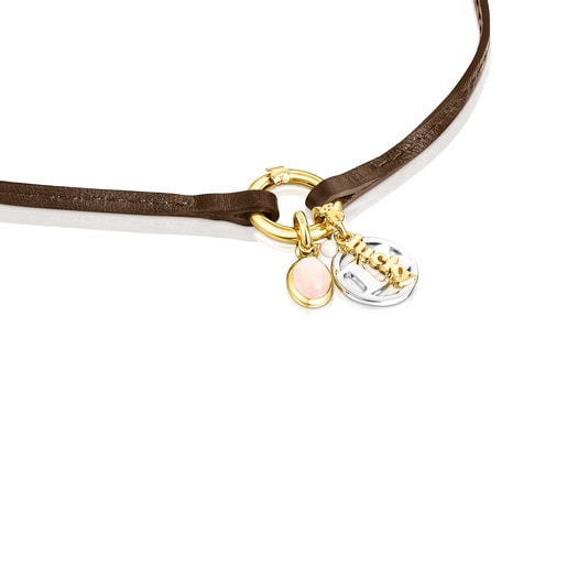 Silver TOUS Good Vibes 13 Necklace with rose Quartz and brown Leather