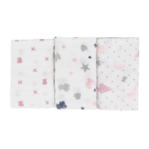 Set of 3 Stroke mini muslin blankets in Pink