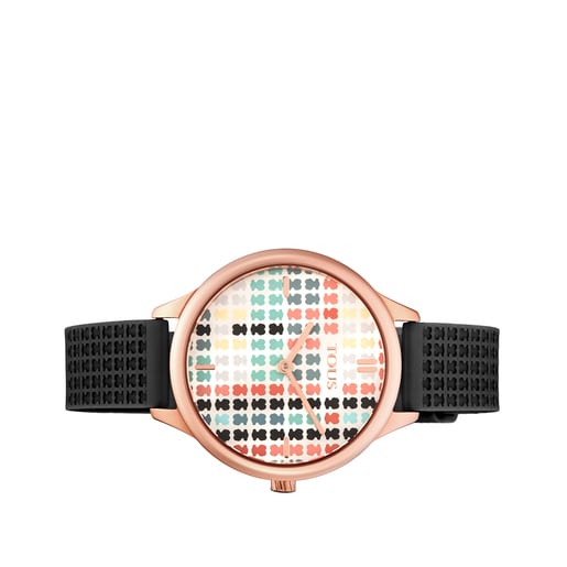 Montre Tartan multicolore en acier IP rosé avec bracelet en silicone noir