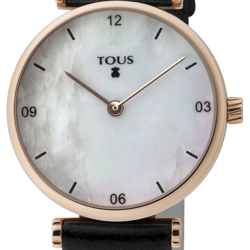 Pink IP Steel Camille Watch with Mother-of-pearl and black Leather strap